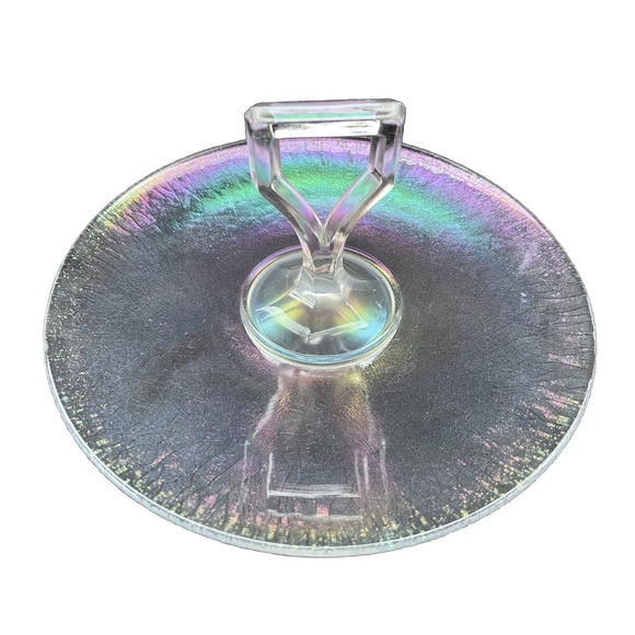 Vintage Clear Iridescent Depression Glass Center Handled Tid Bit Tray - Picture 1 of 14